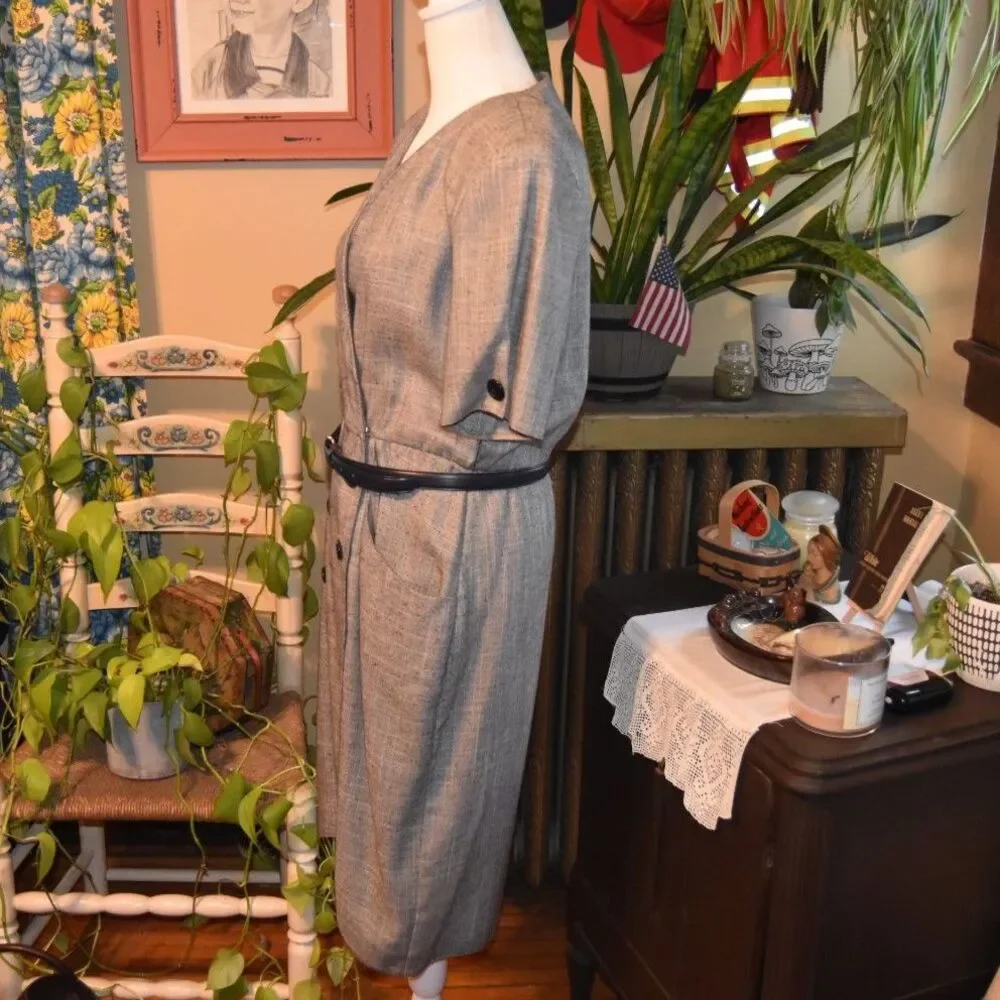 Vintage 80s Does 40s Caron Petite Chicago Power Dress Gray Tweed Size M